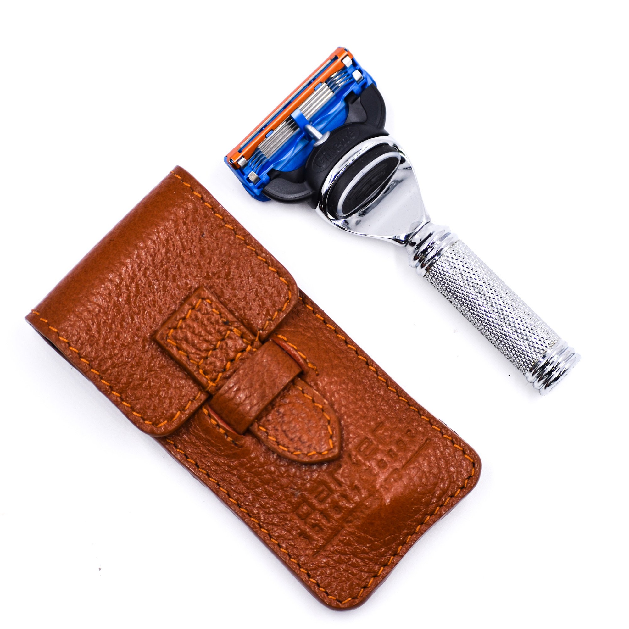 TRAVFUS Fusion Compatible Travel Razor with Leather Case